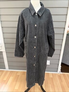Vintage 80s Avon Fashions Long Black Washed Denim Duster Trench Coat Large